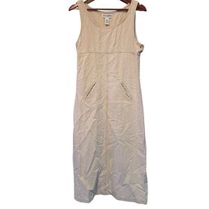 Vtg Womens Linen Blend Maxi Dress S Khaki Jumper Minimalist Lagom Modest Pocket